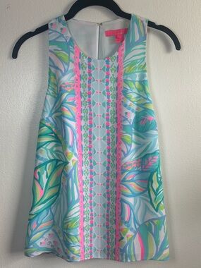 Lilly Pulitzer Aqua, Pink & Green Tropical Shift Lyle Top Maraca My World Print